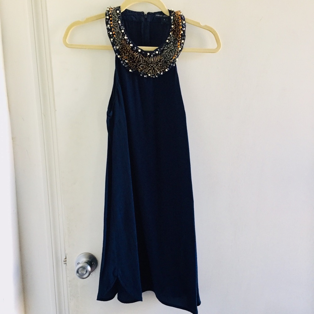 French Connection navy silk beaded collar dress 6